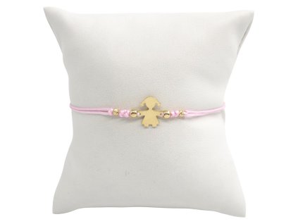 Náramek - holčička a zlaté kuličky, růžová šňůrka 0,81 g, Au 585 0,49 g