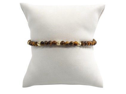 Náramek - tygří oko a zlaté kuličky, hnědá šňůrka 4,03 g, Au 585 0,43 g