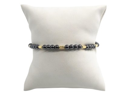 Náramek - hematit a zlaté válečky, černá šňůrka 6,01 g, Au 585 0,45 g