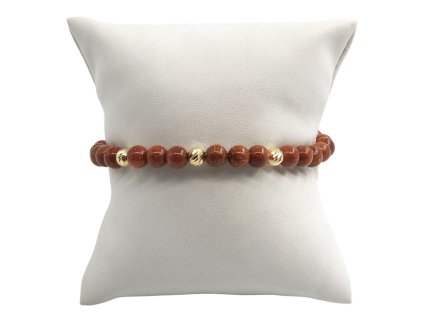 Náramek - avanturín zlatý a zlaté kuličky, hnědá šňůrka 7,38 g, Au 585 0,48 g