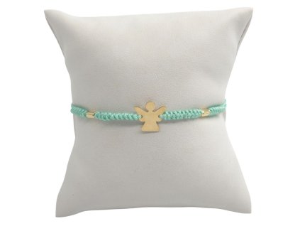 Náramek - Andílek a zlaté válečky, zelená šňůrka 0,93 g, Au 585 0,44 g