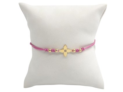 Náramek - květ a zlaté kuličky, růžová šňůrka 0,77 g, Au 585 0,45 g