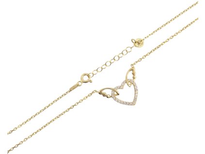 Pozlacený stříbrný náhrdelník - srdce se zirkony, 43-46 cm, Ag 925