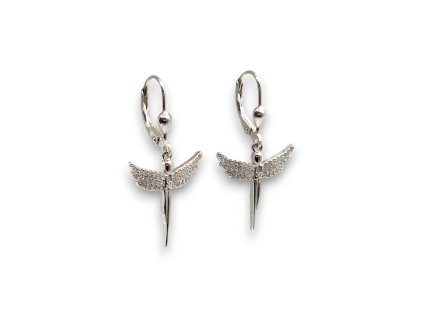 Stříbrné visací náušnice - Anděl se zirkony, rhodiované, Ag 925