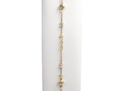 Zlatý náramek s nekonečnem, kuličkami a zirkony, 16,5 - 18,5 cm, 2,61 g, Au 585