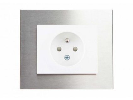 Zásuvka jednonásobná s clonkami DECENTE KOV (Typ Zásuvka s clonkami a přepěťovou ochranou, Varianty Rám: Kov hliník, Kryt: bílý lesk)