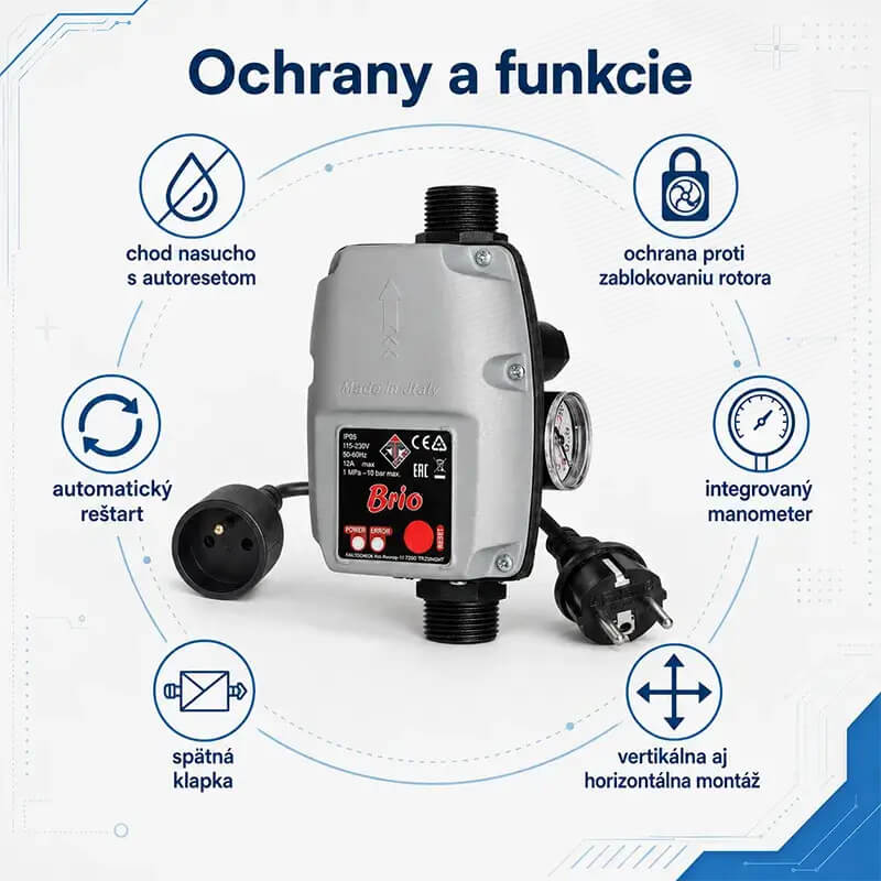 Ochrany a funkcie prietokového spínača Italtecnica BRIO 2021
