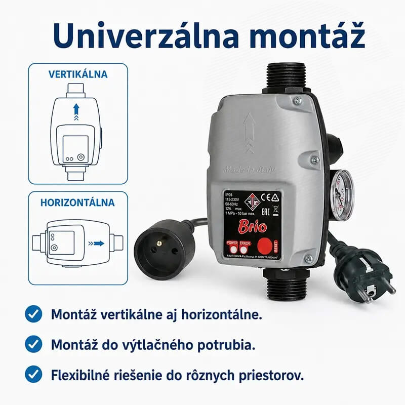 Vertikálna a horizontálna montáž prietokového spínača Italtecnica BRIO 2021