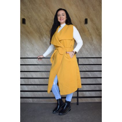 „Dámská dlouhá flaušová vesta s páskem – univerzální velikost, délka 98 cm“