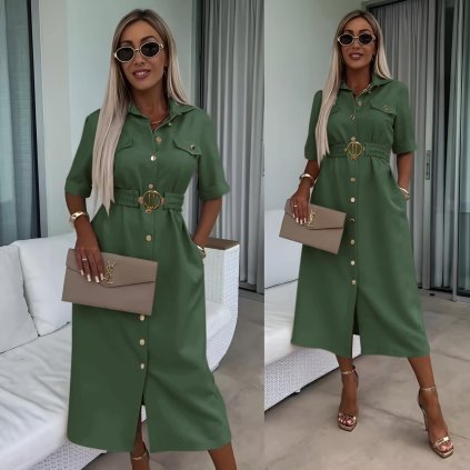 košilové šaty s páskem khaki