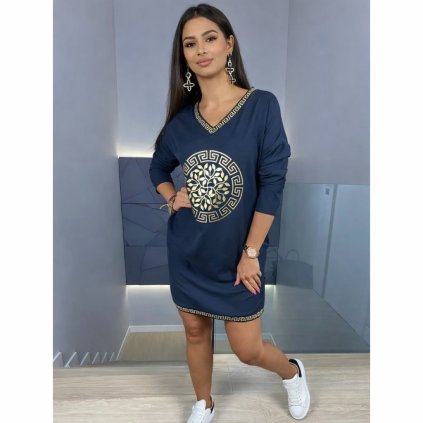 mikinové šaty se zlatým potiskem modré