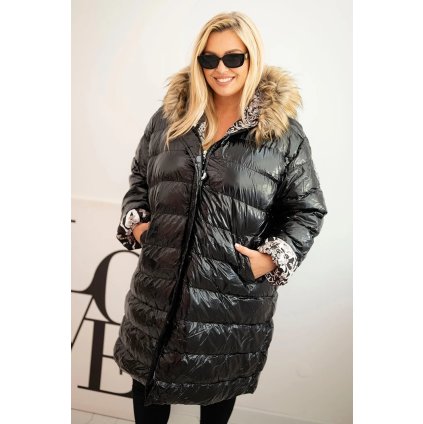 Dámská bunda Plus Size s kapucí a kožešinou černá (Velikost XL)