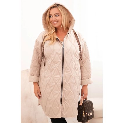 Dámská bunda Plus Size prošívaná s kapucí a nápisem HOPE tmavě béžová (Velikost universal, Barva Tmavě béžová)
