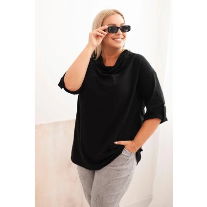 Dámská blůza Plus Size z bavlny s volným střihem a vodním výstřihem černá (Velikost universal, Barva Černá)