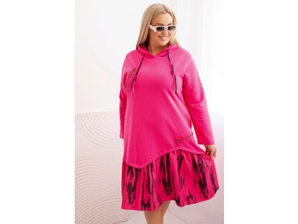 Dámské Plus Size bavlněné šaty s kapucí a volánem růžové (Velikost universal, Barva Růžová)