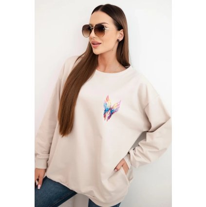 Dámská oversized mikina z bavlny s barevnými křídly na zádech béžová (Velikost universal, Barva Béžová)