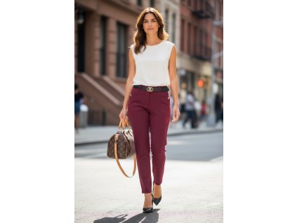elegantní kalhoty s páskem bordo