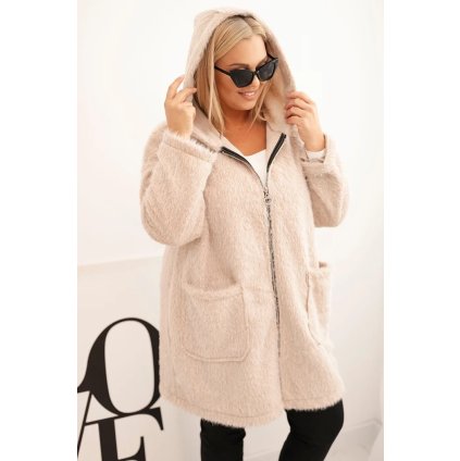 Huňatý oversize kabát s kapucí a zapínáním na zip béžový (Velikost universal, Barva Béžová)
