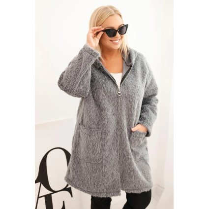 Huňatý oversize kabát s kapucí a zapínáním na zip šedý (Velikost universal, Barva Grey)