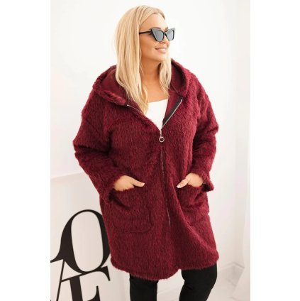 Huňatý oversize kabát s kapucí a zapínáním na zip švestkový (Velikost universal, Barva Švestková)