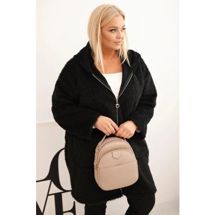 Huňatý oversize kabát s kapucí a zapínáním na zip černý (Velikost universal, Barva Černá)