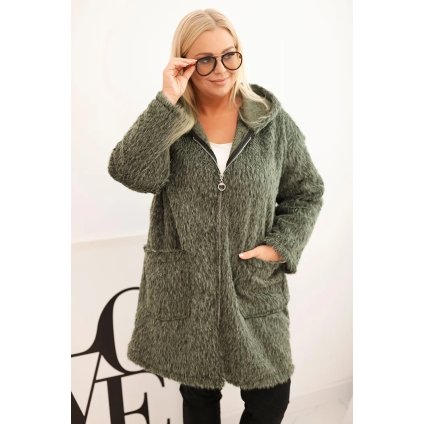 Huňatý oversize kabát s kapucí a zapínáním na zip khaki (Velikost universal, Barva Khaki)