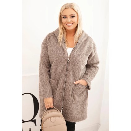 Huňatý oversize kabát s kapucí a zapínáním na zip fango (Velikost universal, Barva Fango)