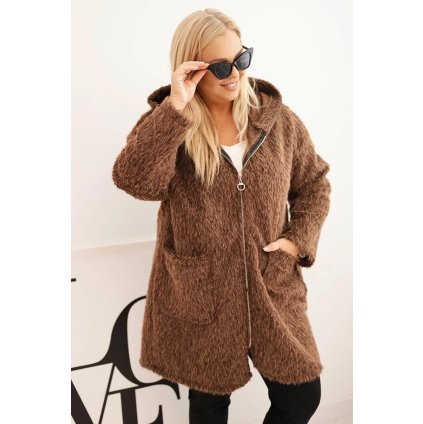 Huňatý oversize kabát s kapucí a zapínáním na zip hnědý (Velikost universal, Barva Hnědá)