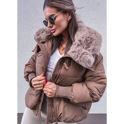 krátká zimní bunda s kožíškem hnědá
