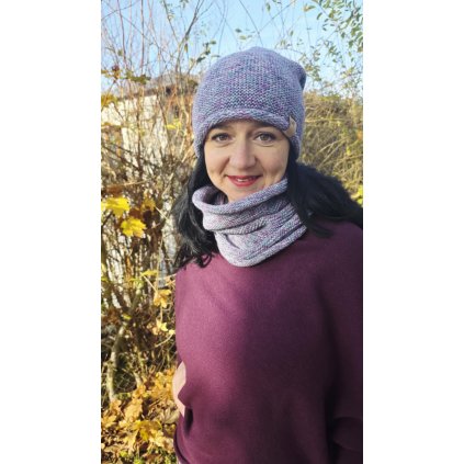 melírovaný set čepice nákrčník fialový