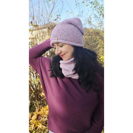 melírovaný set čepice nákrčník růžový