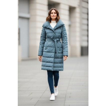 zimní kabát prošívaný s páskem petrolej