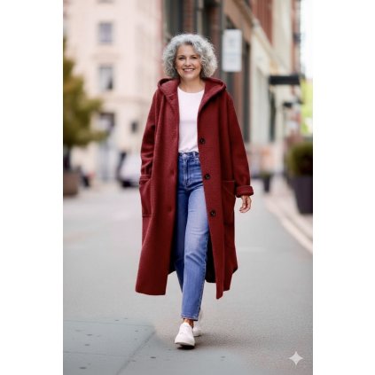 dlouhý oversize kabát s kapucí vínový
