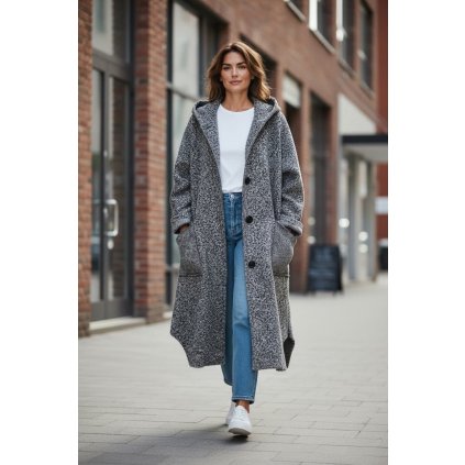 dlouhý oversize kabát s kapucí šedý