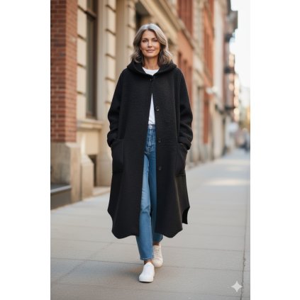dlouhý oversize kabát s kapucí černý