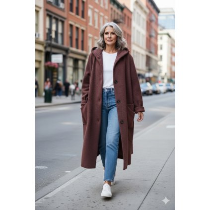 dlouhý oversize kabát s kapucí hnědý