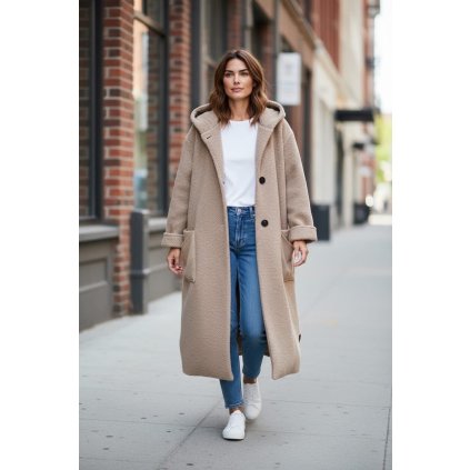 dlouhý oversize kabát s kapucí béžový