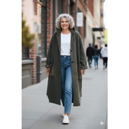 Dlouhý oversize teddy kabát s kapucí zelený