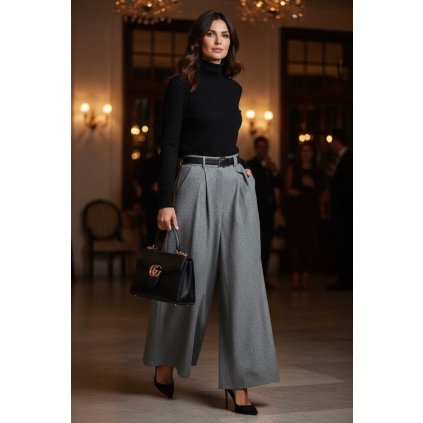 elegantní široké zateplené kalhoty šedé