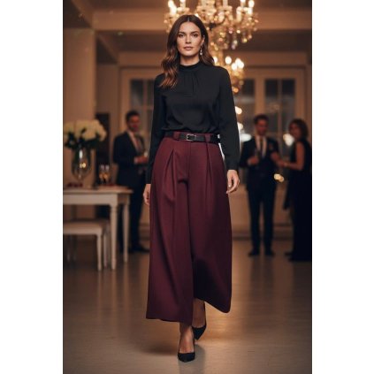 široké elegantní kalhoty teplé vínové