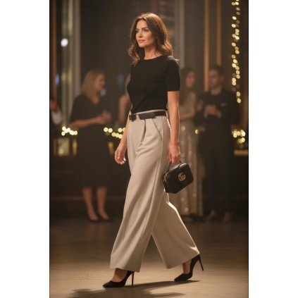 široké elegantní kalhoty teplé béžové