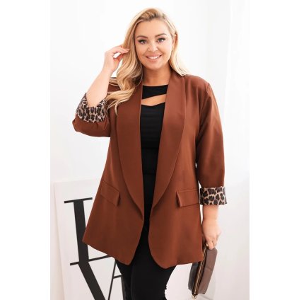 Dámská Plus Size sako s podšívkou v leopardím vzoru čokoládově hnědé (Velikost universal, Barva Čokoláda)