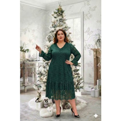 dlouhé krajkované šaty elegantní plussize zelené