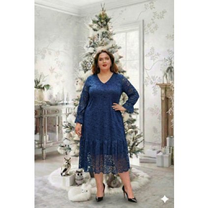 dlouhé plussize šaty elegantní krajkované fmodré