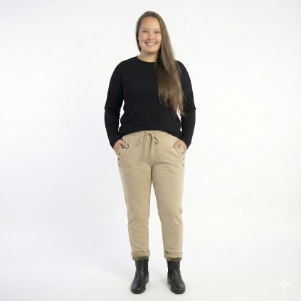 kalhoty s knoflíky v pase na gumu béžové