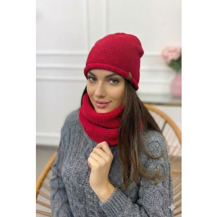 dámský komplet čepice nákrčník červený