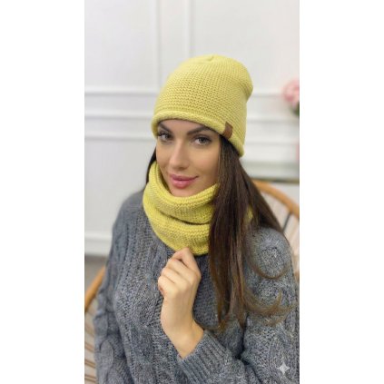 dámský komplet čepice nákrčník žlutý