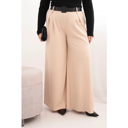 Dámské kalhoty Plus Size s širokou nohavicí a páskem béžové (Velikost universal, Barva Béžová)