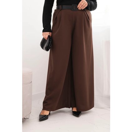 Dámské kalhoty Plus Size s širokou nohavicí a páskem hnědé (Velikost universal, Barva Hnědá)