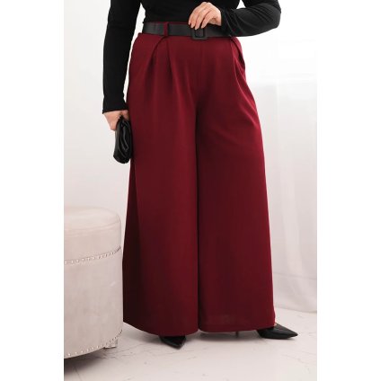 Dámské kalhoty Plus Size s širokou nohavicí a páskem bordo (Velikost universal, Barva Bordó)